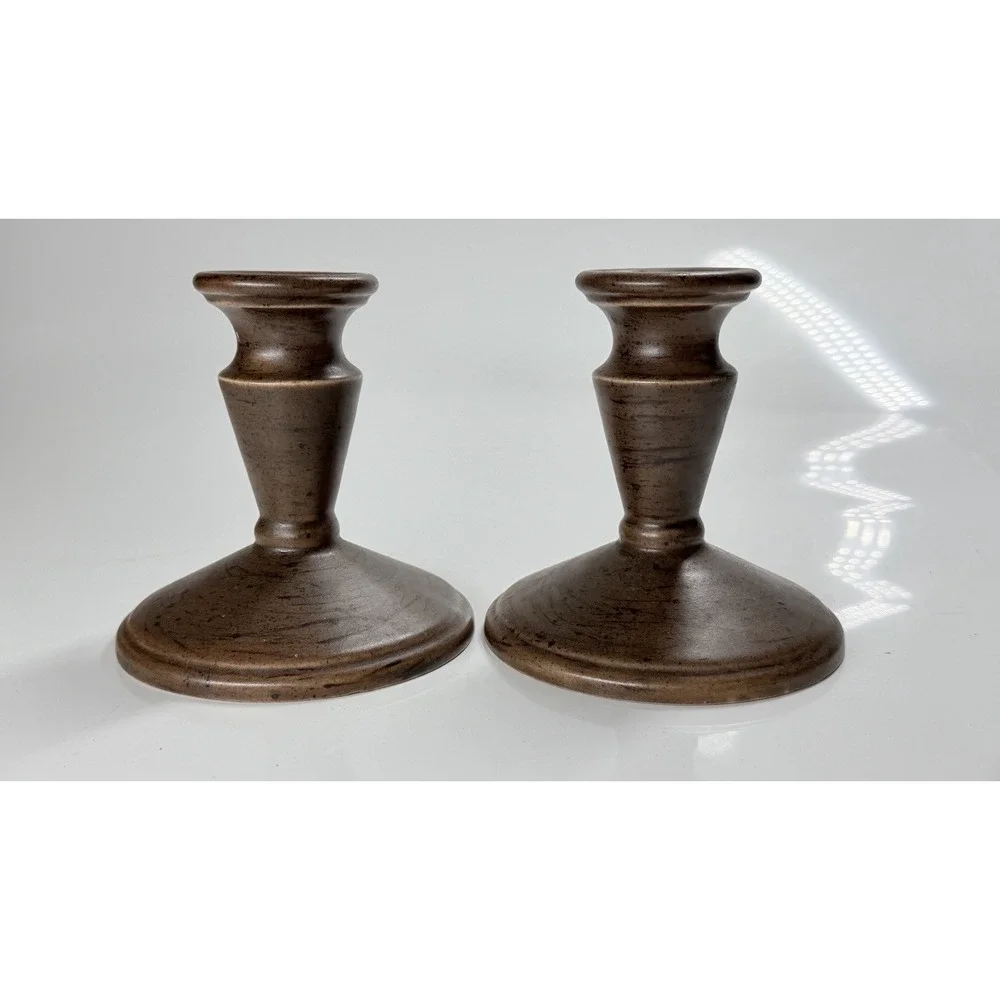 Vintage 1970s Holland Wood Look Pottery Taper Candle Holder Set